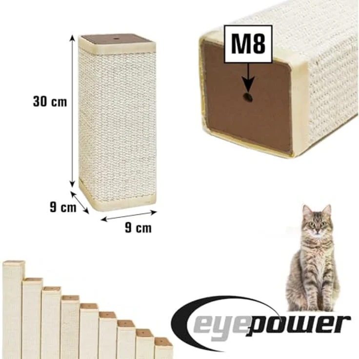 EYEPOWER 30 cm Pfotenfreund M8 Sisalstamm für Kratzbaum, 9 x 9 cm eckig, 100% Sisal, stabile Kratzsäule für Katzen, einfache Montage – Bild 4