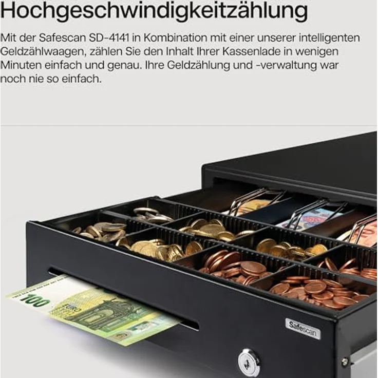 SAFESCAN Geldkassette Kassenlade SD-4141, robuste Stahlkonstruktion mit 4 Fächern für Scheine und 8 für Münzen, schwarz – Bild 5