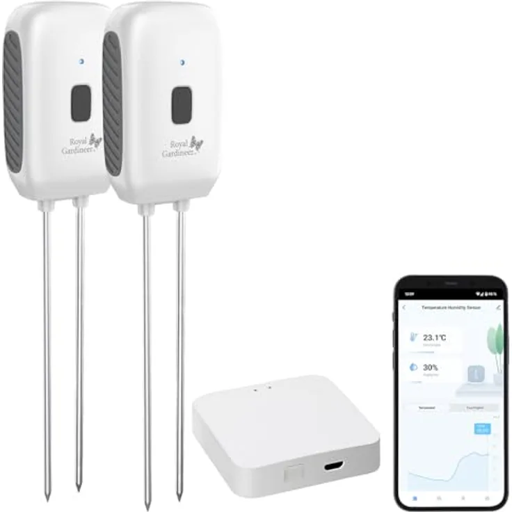 Royal Gardineer Bodentemperatur Sensor: 2er-Set Boden-Feuchtigkeits-&Temperatur-Sensoren mit WLAN-Gateway, App (Feuchtigkeitsmesser Böden, Temperaturtester) - Weiß
