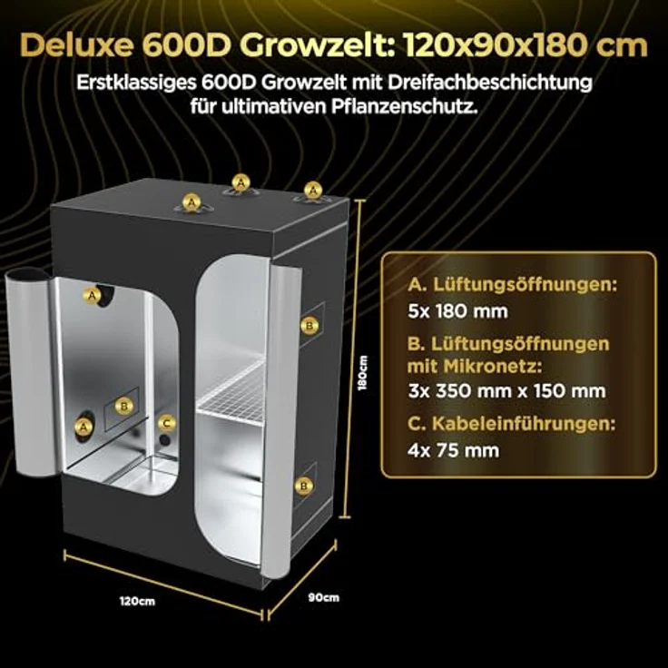 THE HOOKAH Deluxe D600 Grow Box Growzelt, 150x150x200 cm mit doppelt vernähten, lichtdichten Reißverschlüssen – Bild 4