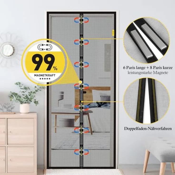 fowong Fliegengitter Balkontür Magnet 80x200cm, reißfestes Nanogitter mit 10x Haltbarkeit, geruchlos, verstärkter Insektenschutzvorhang für Terrassentür, schwarz – Bild 4