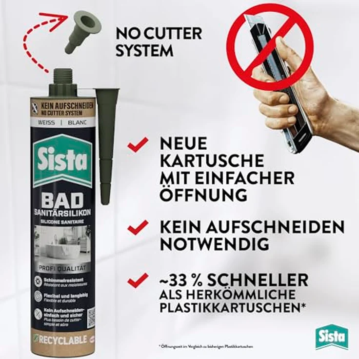 Sista Bad Sanitär Silikon, weiß, wasserfeste Dichtmasse auf Silikonbasis, 280ml Kartusche, schimmelresistent – Bild 4