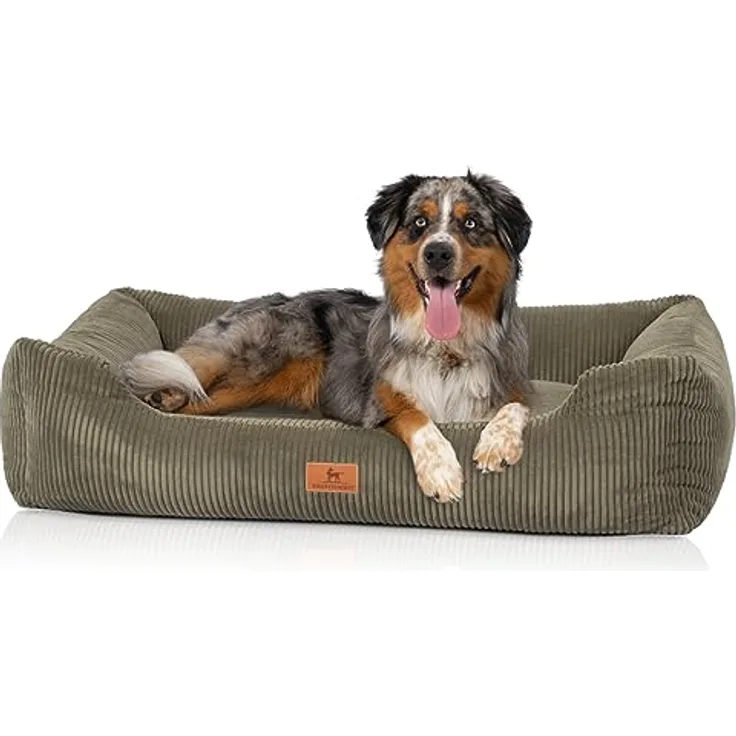 Knuffelwuff Hundebett aus Cord mit Handwebcharakter Olivia XL 105 x 75cm Khaki - Abnehmbarer Bezug - waschbar - für große, mittelgroße und kleine Hunde