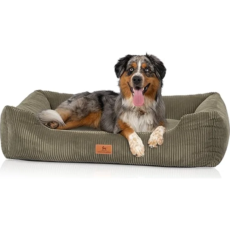 Knuffelwuff Hundebett aus Cord mit Handwebcharakter Olivia XL 105 x 75cm Khaki - Abnehmbarer Bezug - waschbar - für große, mittelgroße und kleine Hunde – Bild 1