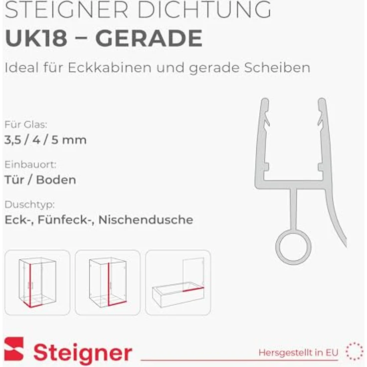 STEIGNER Duschtürdichtung UK18, 60 cm transparente Dichtung für Eckeinstieg und Fünfeckdusche, 3,5-5 mm Glas, wasserdicht und langlebig, einfacher Einbau – Bild 2
