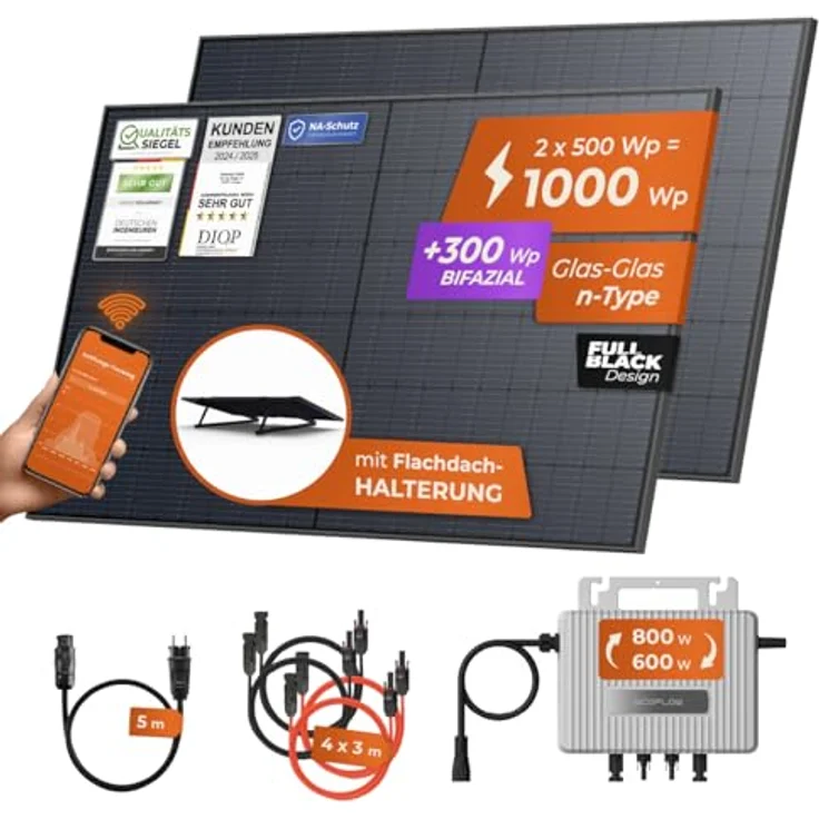 Solarway® Balkonkraftwerk 1000Wp, 800W Komplettset mit 2 x 500W bifazialen Schwarz-Glas Solarmodulen, EcoFlow Stream Wechselrichter, Smart APP-Überwachung und 5m Steckdosen-Kabel – Bild 2