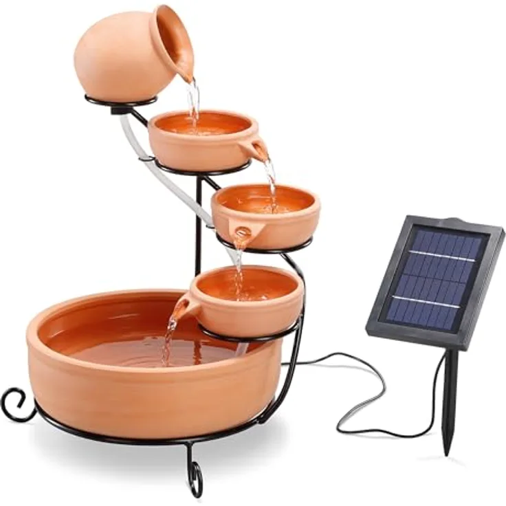 Esotec Solar Kaskadenbrunnen Livorno, Keramik, terrakotta, freistehend mit 4 Schalen, 55 cm hoch, Solar-Pumpe 170l/h
