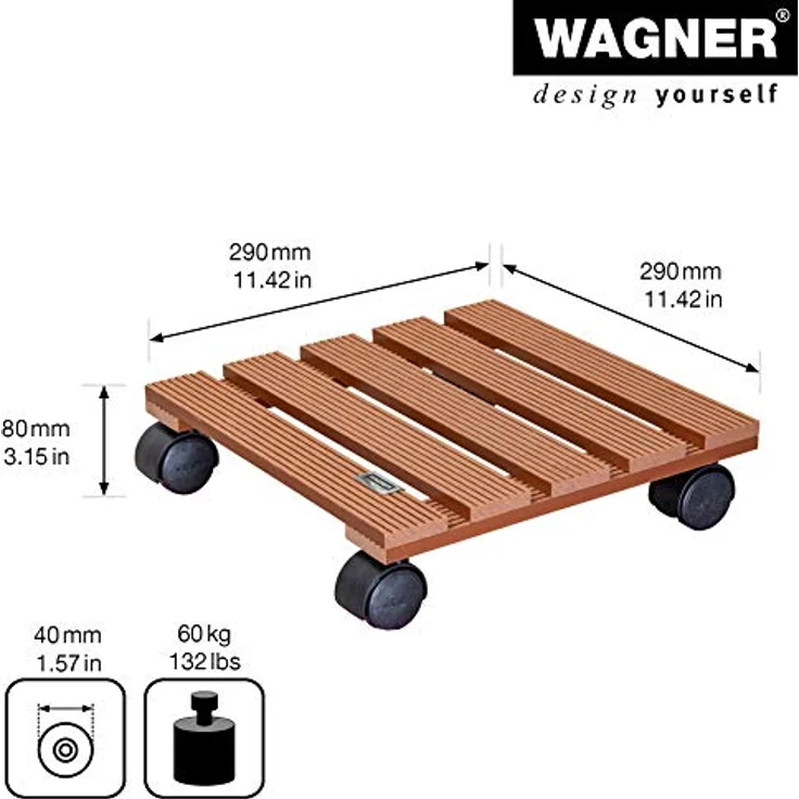 WAGNER Pflanzenroller WPC 29 x 29 x 8,5 cm I Pflanzenroller & Blumenroller für Außenbereich + Innenbereich, Terracotta I Kübelroller aus WPC (Wood Plastic Composite) I Tragkraft 60 kg - 20051001 – Bild 4