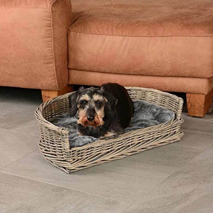 UNUS Hundebett Hundekorb Hundekörbchen aus Weide mit Kissen für große und kleine Hunde und Katzen grau 57 x 43 x 16 cm – Bild 2
