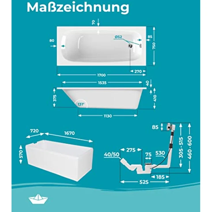 Calmwaters® Premium Badewanne Komplettset 170x75 cm Original, Made in EU, 3in1 Acryl-Badewanne mit Wannenträger & Ablaufgarnitur, Körperformbadewanne, Rechteckbadewanne 170 x 75, 200 l, Weiß – Bild 5