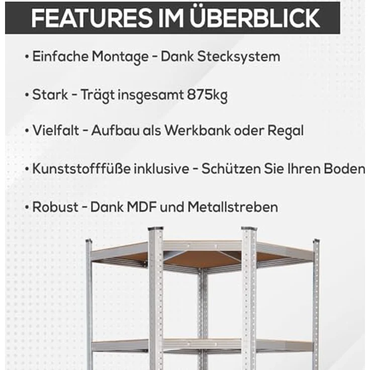 Tronitechnik® Schwerlastregal, Kellerregal, Lagerregal, 40 x 40 x 70 x 70 x 180 cm, Regal mit Stahlgestell, jeweils bis 875 kg belastbar, 5 verstellbare Ablagen, silbern – Bild 5
