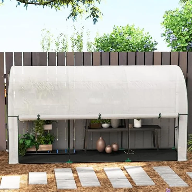 Outsunny Gewächshaus mit Rolltür, Winterfest Foliengewächshaus aus Stahl, Tomatengewächshaus für Gemüse Blumen Pflanzen Weiß – Bild 5
