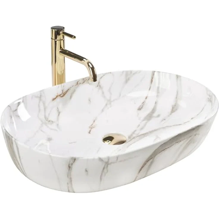 Rea Aufsatzwaschbecken CLEO 61 Shiny Aiax Waschtisch Handwaschbecken Waschschale Waschbecken für Badezimmer aus hochwertiger Keramik 41 x 60,5 x 14 cm (Steinimitation) – Bild 1