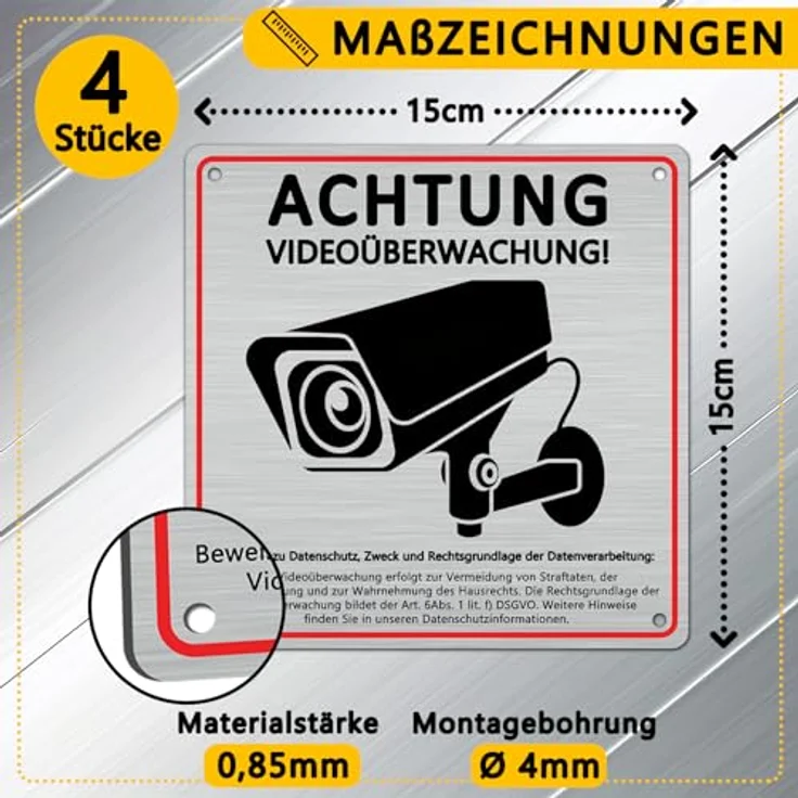 DADAPANGHU 4 Stück Videoüberwachungsschild mit DSGVO Hinweis, 15x15cm, gebürstetes Aluminium, selbstklebend, vorgebohrt, für Innen- und Außenbereich – Bild 2
