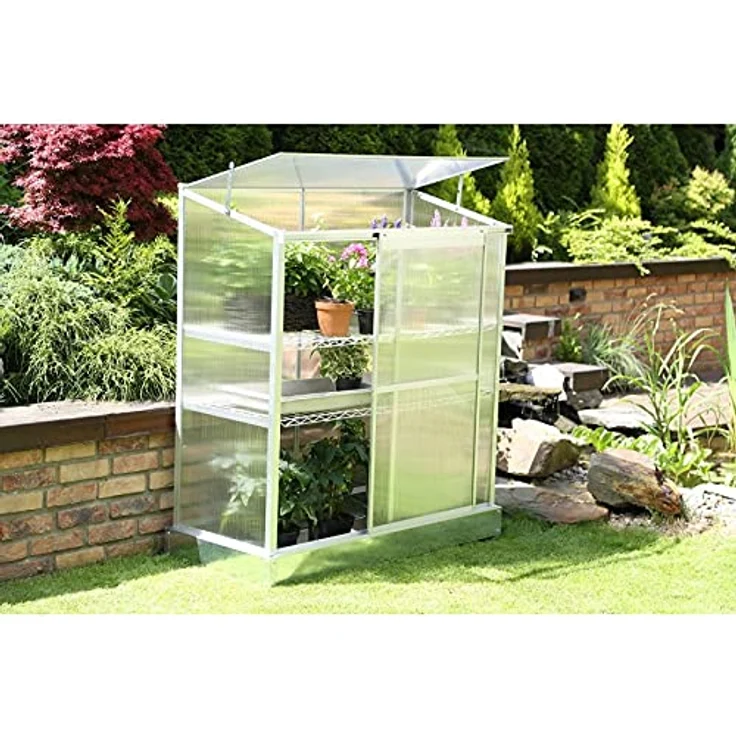 Grindi - Polycarbonat Frühbeet Treibhaus Gewächshaus mit aufklappbarem Dach, Schiebetür und 2 Regalen - Hosta, 130x58x140 - Wandgewächshaus für Garten, Balkon und Terrasse - Aluminiumrahmen, 4mm Polycarbonatverglasung - in Silber – Bild 5