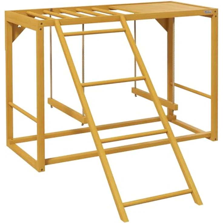 PawHut Hühnerstall Spielplatz mit Schaukeln und Leiter, Naturholz, für 3-4 Hühner, 100x110x70 cm, gelb – Bild 1