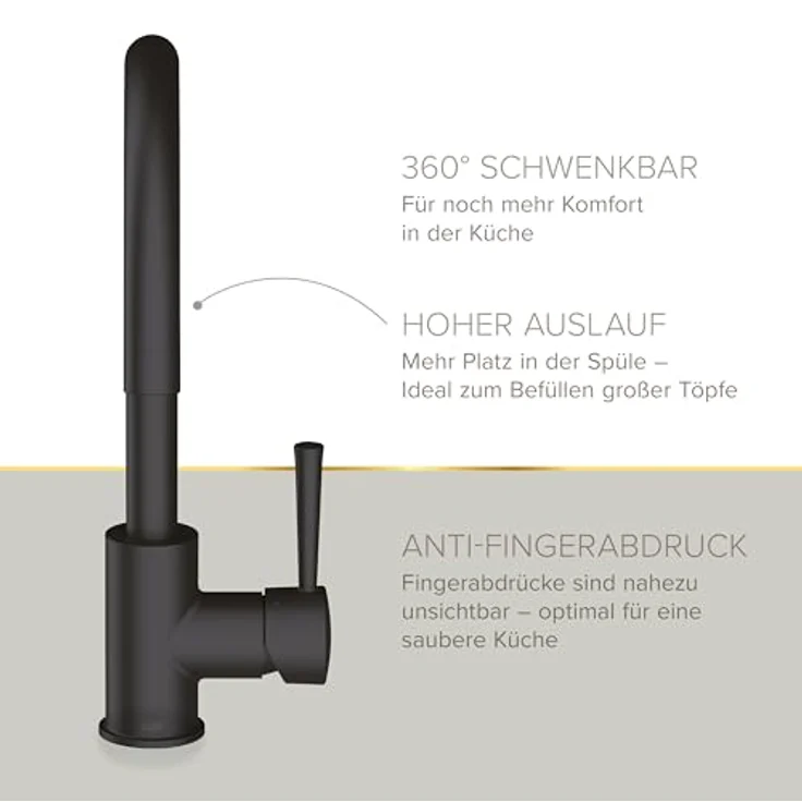 Lenz Küchenarmatur MANA, matte schwarze Armatur mit erhöhtem Auslauf und 360° Schwenkfunktion – Bild 4