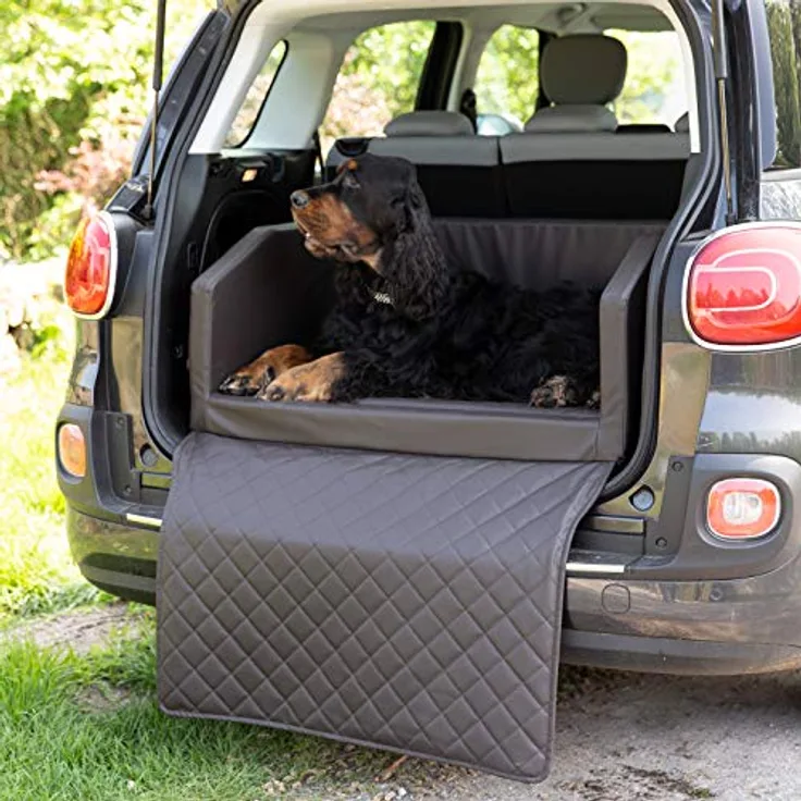 CopcoPet - Travel Bed Hundebett für Kofferraum 70x55x38 cm Kunstleder - Wasserabweisend & Kratzfest - Mit Anschnallsystem & Schutzdecke - Reisebett Hund Braun