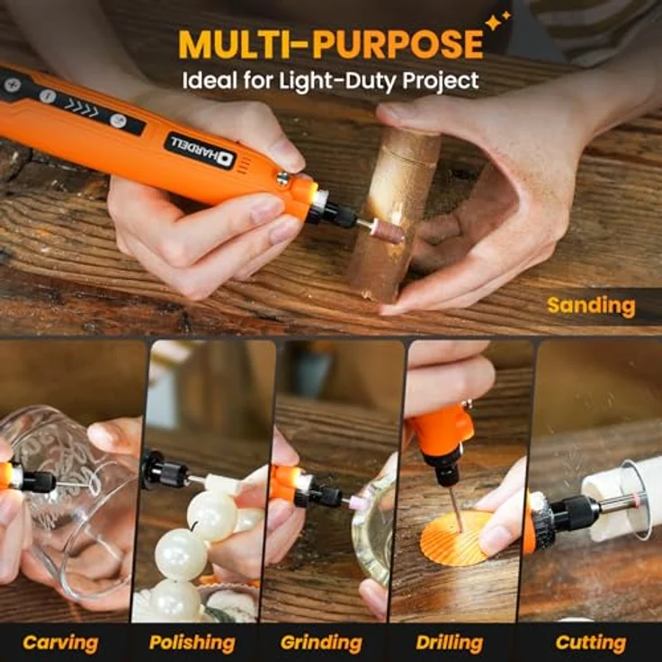 HARDELL Mini Akku Rotationswerkzeug mit 5 Geschwindigkeiten (5000-18000 U/min), 3,7V LED Multifunktionswerkzeug Set mit 69 Zubehör für Gravur von Resin, Holz und Glas – Bild 5