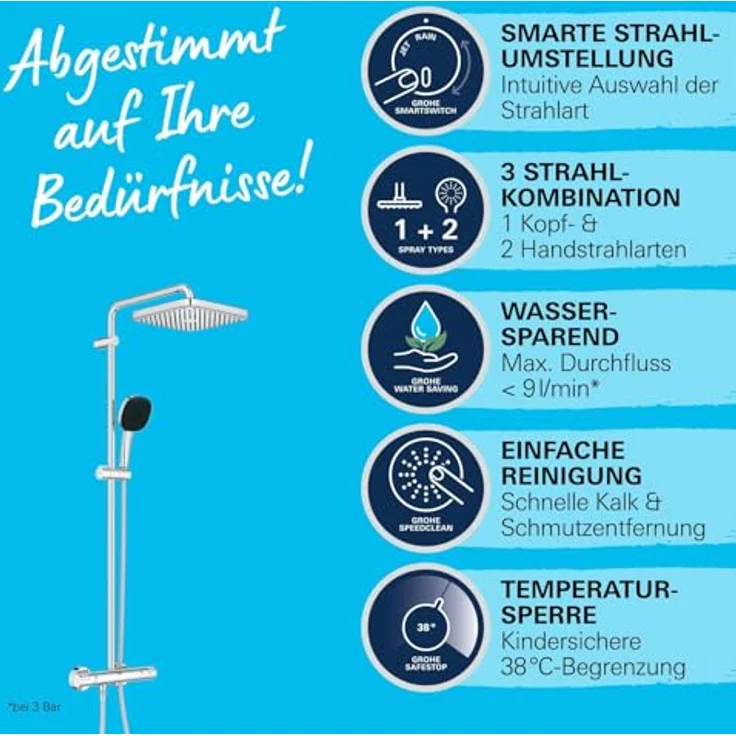 Grohe Vitalio Comfort 250 Duschsystem mit Thermostatbatterie, Handbrause Vitalio Comfort 110, schwenkbarer Brausearm, inkl. Monitoreinstellung, Antikalk-System – Bild 6