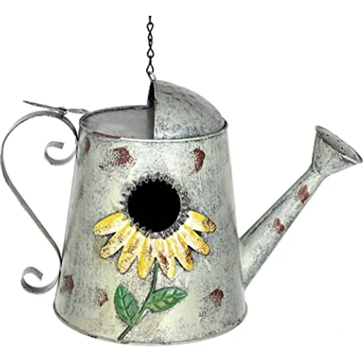 DanDiBo Vogelhaus zum Aufhängen Metall Deko Gießkanne Wetterfest 96255 Nistkasten Futterstation für Vögel Shabby mit Kette Metallkanne Kanne Balkon
