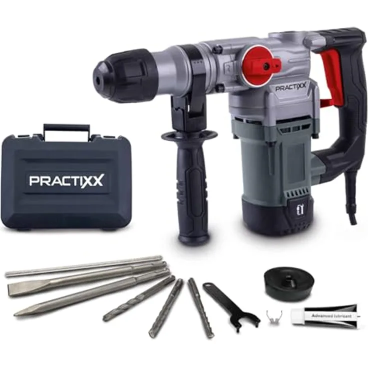 Practixx 3in1 Bohrhammer PX-BH-5, Abbruchhammer mit 5 Joule & 1050W, 28mm Bohrleistung in Beton, SDS-Plus Aufnahme, inkl. 3 Bohrer, Koffer, Spitz- & Flachmeißel