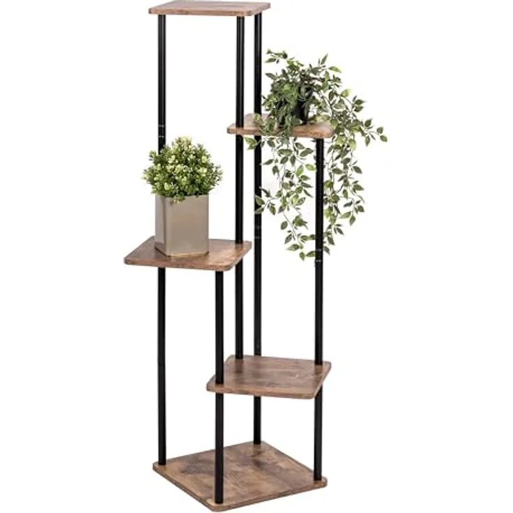 eluno Blumenständer Blumenregal, 5 Ablagen aus FSC-zertifiziertem MDF-Holz und schwarzem Metall, max. 5 kg pro Platte, höhenverstellbare Standfüße, 56,5 x 30 x 107 cm
