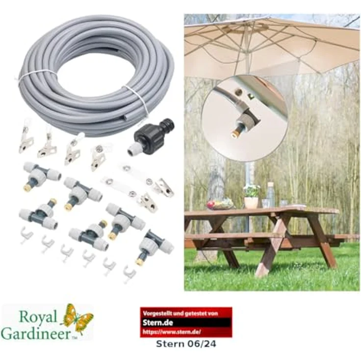 Royal Gardineer Wasser Zerstäuber Set, 10 m Schlauch mit 6 beweglichen Metalldüsen für individuell einstellbaren Sprühnebel – Bild 2