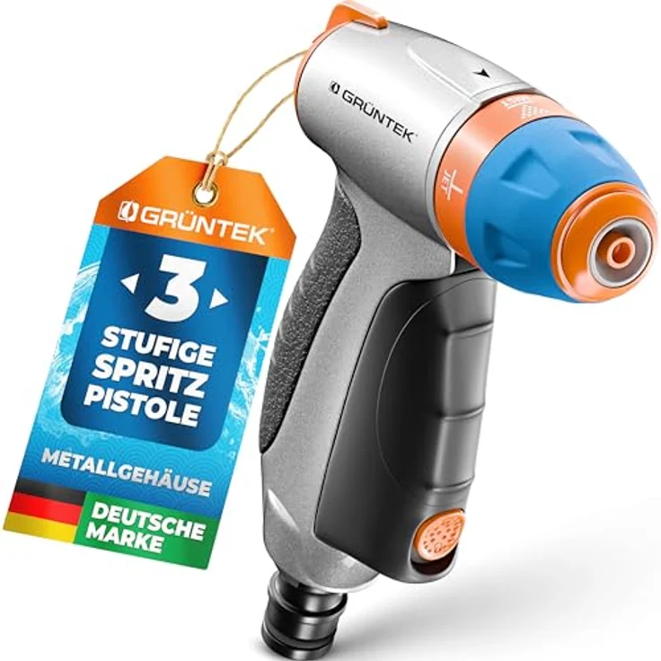 GRÜNTEK Garten-Spritze, verstellbare Spritzpistole mit 3 Düsen, metall, stoßfest, leichte Handbrause für Garten und Reinigung, ergonomischer Griff, Wasser-Stop-System – Bild 1