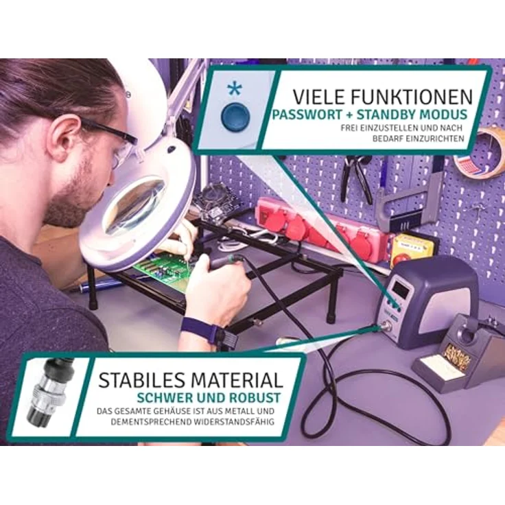 Quick 3202 Digital Regelbare ESD Hochfrequenz-Lötstation 90 Watt inkl. Lötkolben mit 1 mm Lötspitze und Zubehör- 100°-550°C-Kalibrierbar- 3 Festspeicher-Auto-Standby-Passwort - Schutz – Bild 6