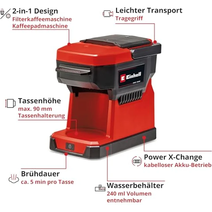 Einhell Akku-Kaffeemaschine TE-CF 18 Li-Solo Power X-Change (18 V, 240 ml Wasserbehälter, für Filterkaffee & Kaffeepads, Tragegriff, inkl. Kaffeetasse mit Deckel, ohne Akku) – Bild 3