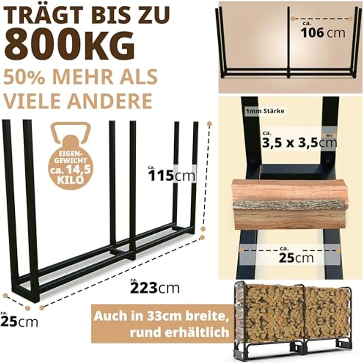 LAWA Living and Lifestyle Kaminholzregal Metall, verzinkt, 223x25x115 cm, tragfähig bis 800 kg, für 25–55 cm Holzscheite, ideal für Terrasse und Garten – Bild 2