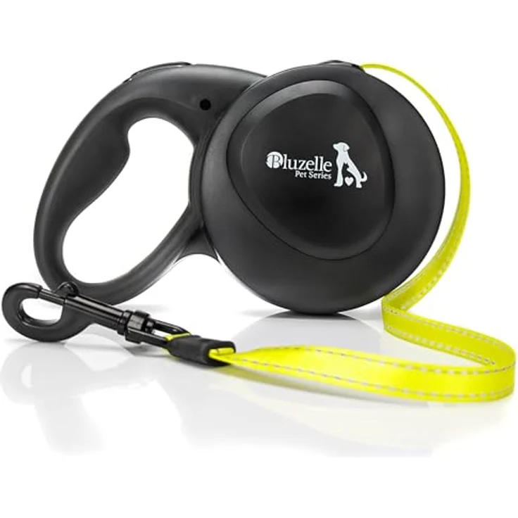 BLUZELLE 8m Lange Hundeleine für Hunde bis 50kg, Flexible Rollleine Neon-Gelb Leuchtender Reflektor-Gurt mit 360° Karabinerhaken Metall, Ergonomischer Griff Schwarz Gummiert & Einzugs-Bremse – Bild 1