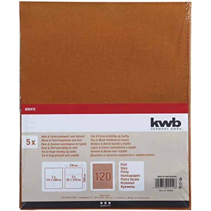 kwb 800412 Schleif-Papier Schleif-Bogen Flint für Holz, Farbe und Spachtel, 230 x 280 mm, verschweißt 5 Stk. Korn K-120 - Preisvergleich – Bild 2