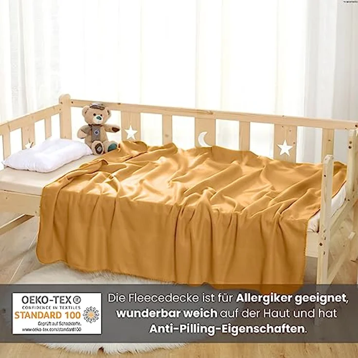 wometo 2er Set Polar Fleecedecke oekoTex 130x160 ca. 400g mit Anti-Pilling und Kettelrand gelb senfgelb – Bild 3
