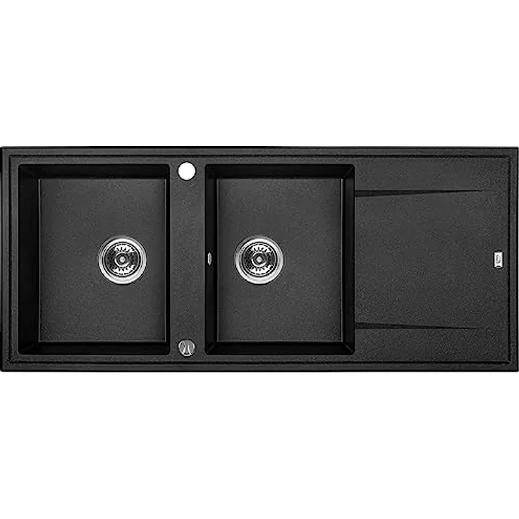 KOLMAN Granitspüle 50x116 Megalo Spülbecken Doppelbecken mit langer Abtropffläche, Space Saving Siphon (Schwarz)