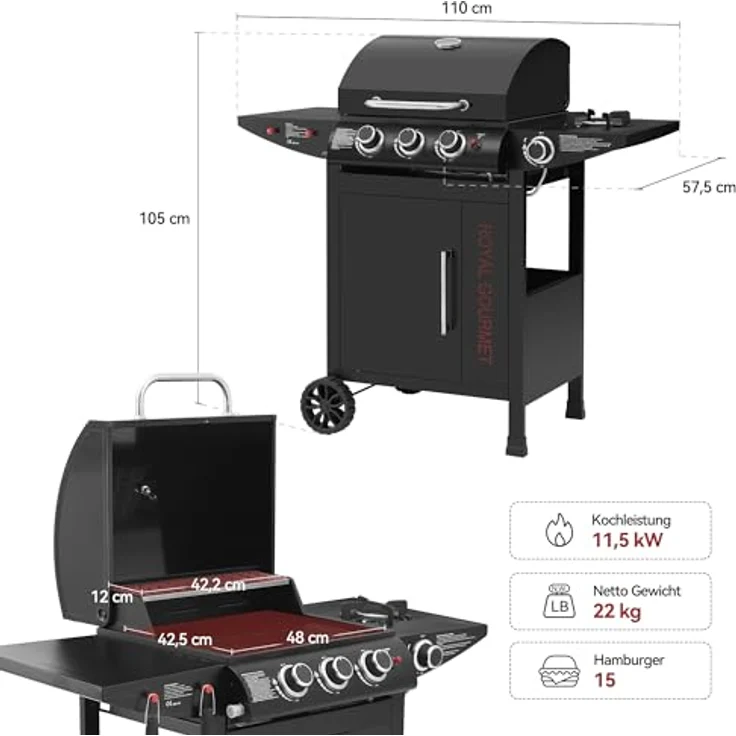 Royal Gourmet Gasgrill 3+1 Brenner Grillwagen mit 11,5 kW, Campinggrill mit Seitenbrenner, Outdoor Gas Grill inkl. Haken, Unterschrank für Balkon, Party Schwarz – Bild 3