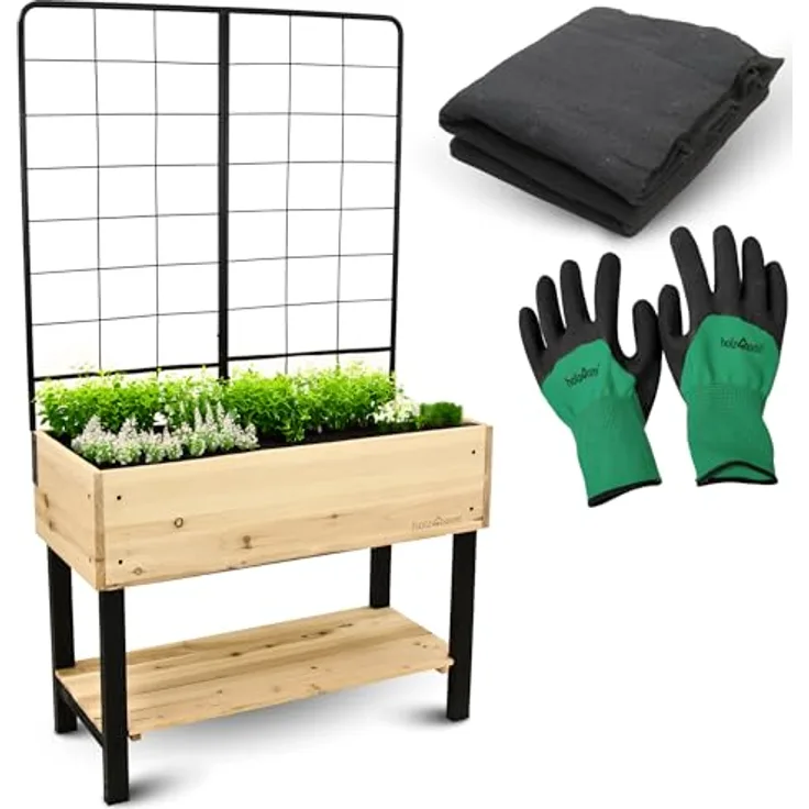 holz4home Hochbeet mit Rankgitter aus Metall I Pflanzkasten mit Spalier inkl. Einlegevlies & Gartenhandschuhe I Modernes Design I Tannenholz in natur