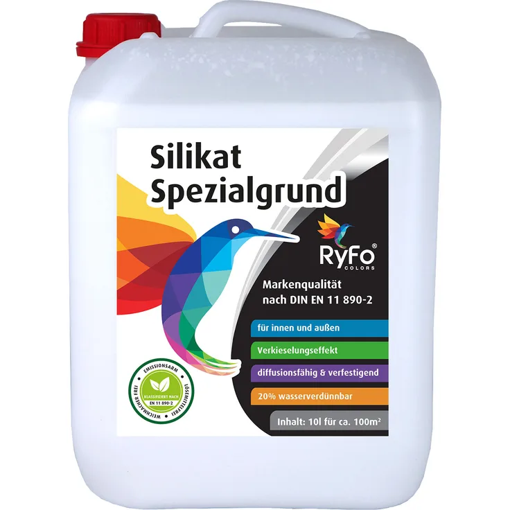 RyFo Colors Silikat Spezialgrund 10l - Grundierung in Profiqualität, Silikat-Tiefengrund für innen und außen, Fixativ, gebrauchsfertig, diffusionsfähig, verdünnbar