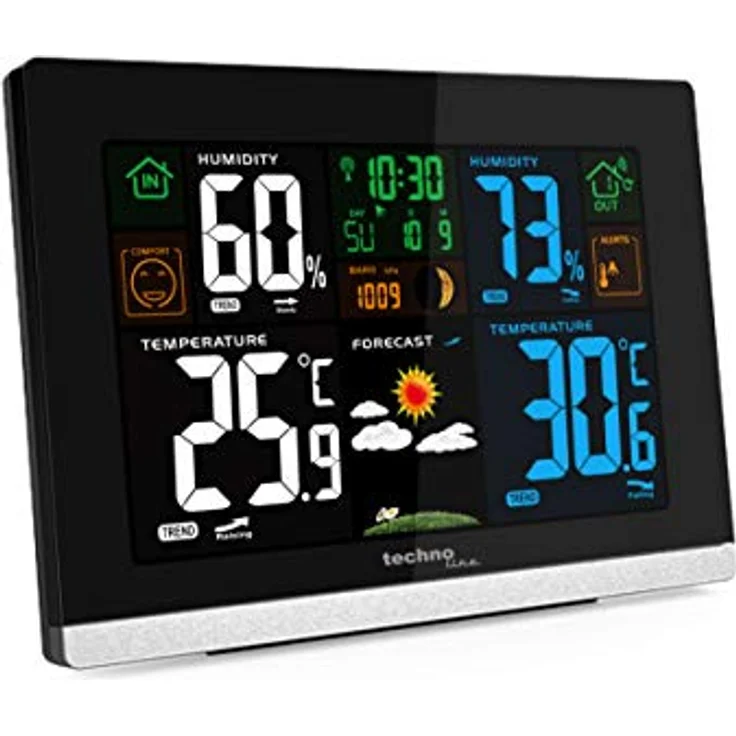 Technoline WS 6462 Funkwetterstation, Innentemperatur, Außentemperatur, Luftfeuchte, Luftdruck, Tendenzanzeige, Farbdisplay, Funkuhr, Mondphasen hochglanz-schwarz,quer – Bild 2