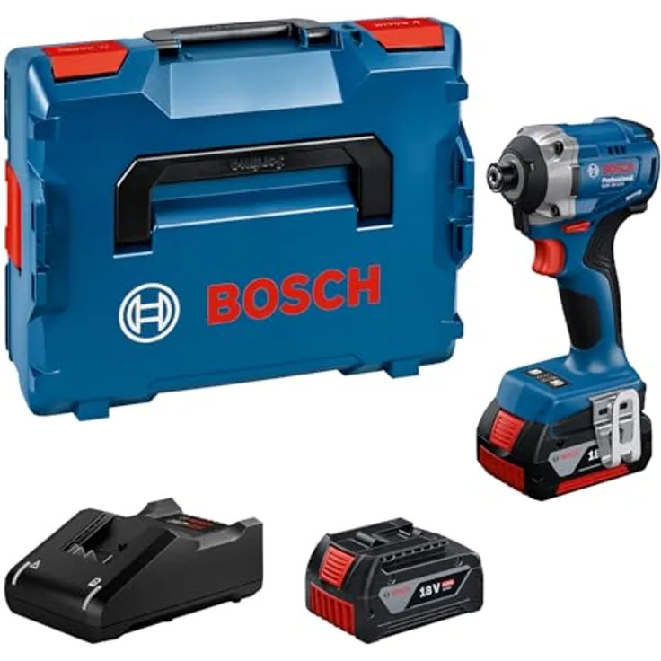 Bosch Professional 18V System Akkudrehschlagschrauber GDR 18V-215 (inkl. 2 x GBA 18V 4.0Ah Akkus, Ladegerät GAL 18V-40, L-BOXX) - Effizienter Bits-Wechsel und ausgezeichnete Schraubleistung, blau