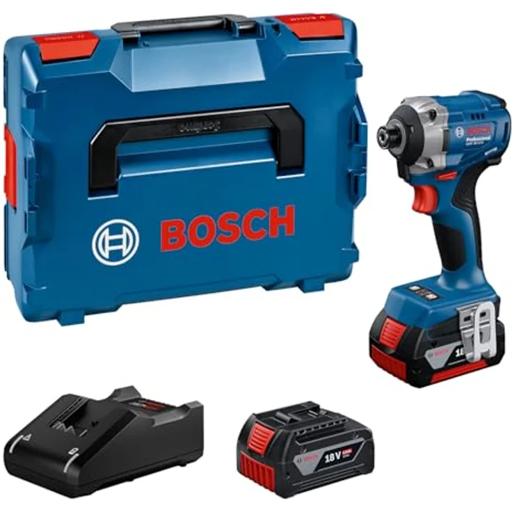 Bosch Professional 18V System Akkudrehschlagschrauber GDR 18V-215 (inkl. 2 x GBA 18V 4.0Ah Akkus, Ladegerät GAL 18V-40, L-BOXX) - Effizienter Bits-Wechsel und ausgezeichnete Schraubleistung, blau – Bild 1