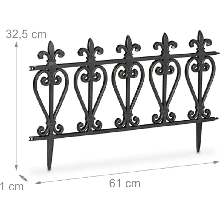 relaxdays Beetbegrenzung Beeteinfassung Kunststoff 6er Set, 6er Set - Schwarzer Niedriger Steckzaun mit Fleur-de-Lis-Verzierungen – Bild 5