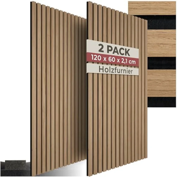 tectake 3D Akustikpaneele, 120 x 60 x 2,1 cm, Holzoptik, Schallabsorber für Wohnzimmer und Küche, Eiche, 2er Set – Bild 1