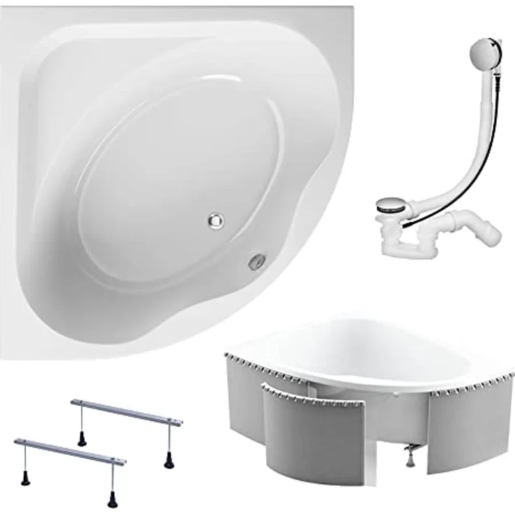 KOLMAN STANDARD Eckbadewanne 150x150 cm, 4in1 Komplettset mit Styroporverkleidung, Ablaufgarnitur und Füßen, reinweiß, Original Acryl, 300 Liter Fassungsvermögen – Bild 1