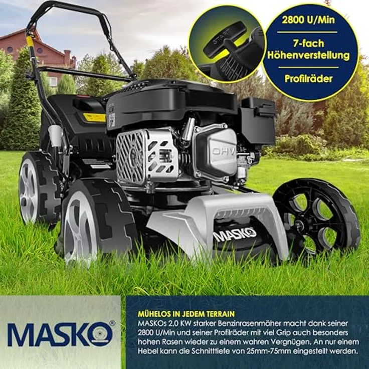 MASKO® Benzin Rasenmäher 5in1 mit Radantrieb, EasyClean Funktion, Mulch- und Seitenauswurf, 55 cm Schnittbreite, 8-fache Schnitthöhenverstellung, 4-Takt Motor, inkl. Fangkorb – Bild 4