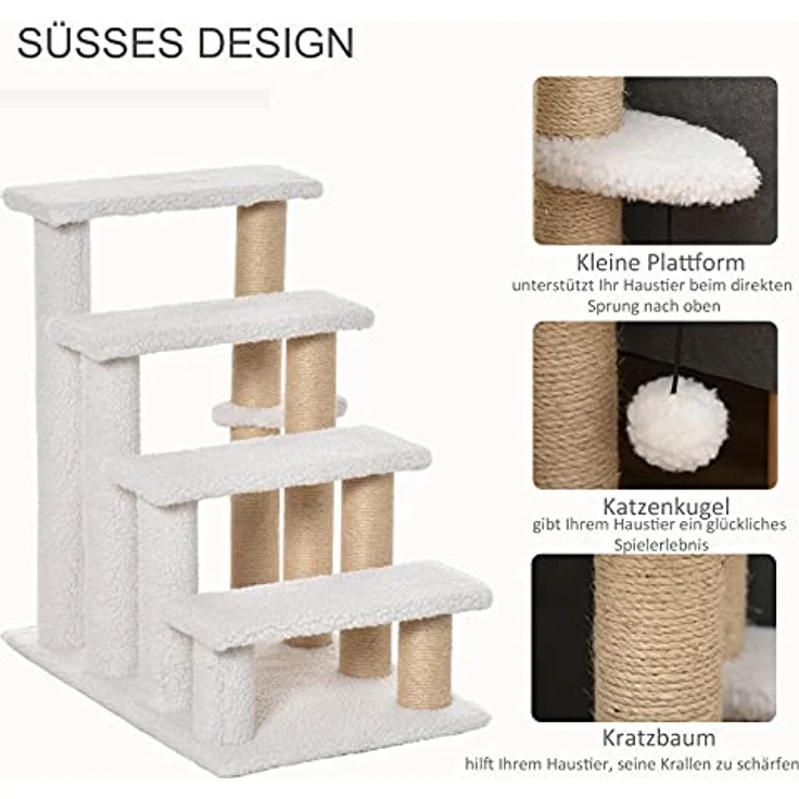 PawHut Haustiertreppe mit Kratzbaum Ball 4-stufige Katzentreppe Hundetreppe Tiertreppe Spanplatte Plüsch Jute Weiß 60 x 40 x 64 cm – Bild 5