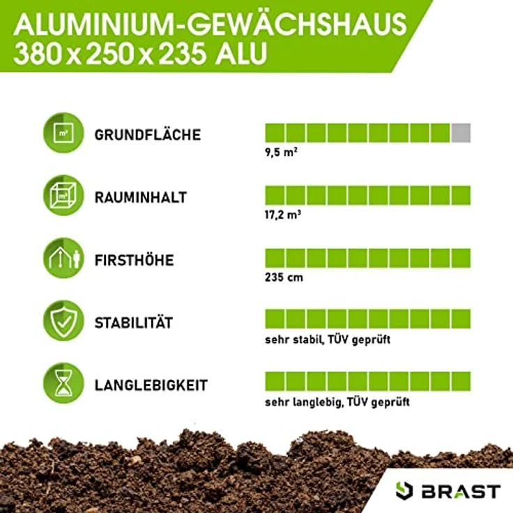 BRAST Gewächshaus Aluminium mit Fundament, 380x250x235cm, TÜV geprüft, 6mm Hohlkammerplatten, rostfrei, wetterfest, temperaturbeständig, Silber – Bild 5