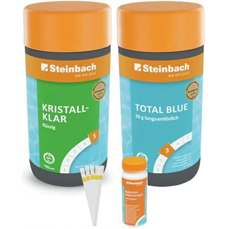 Steinbach Poolpflege Kristallklar + Total Blue Starter-Set, flüssig, 1 l mit 50 Teststreifen, ideal zur Wasserkontrolle für sauberes und kristallklares Poolwasser – Bild 1