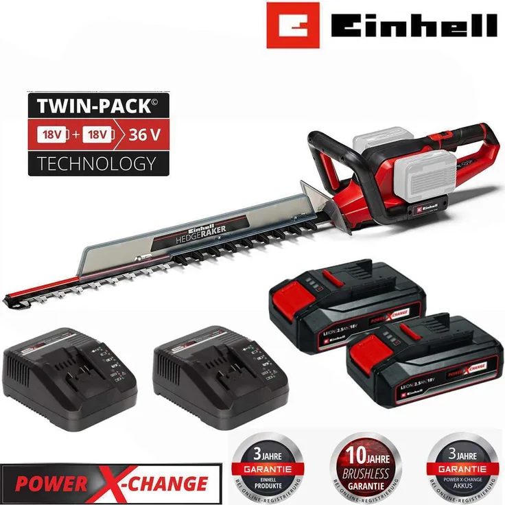 Einhell 36V Heckenschere GE-CH 36/65, kabellose Akku-Heckenschere mit 65 cm Schnittlänge, inkl. 2 x Akku 2.5 Ah + 2 x Ladegerät